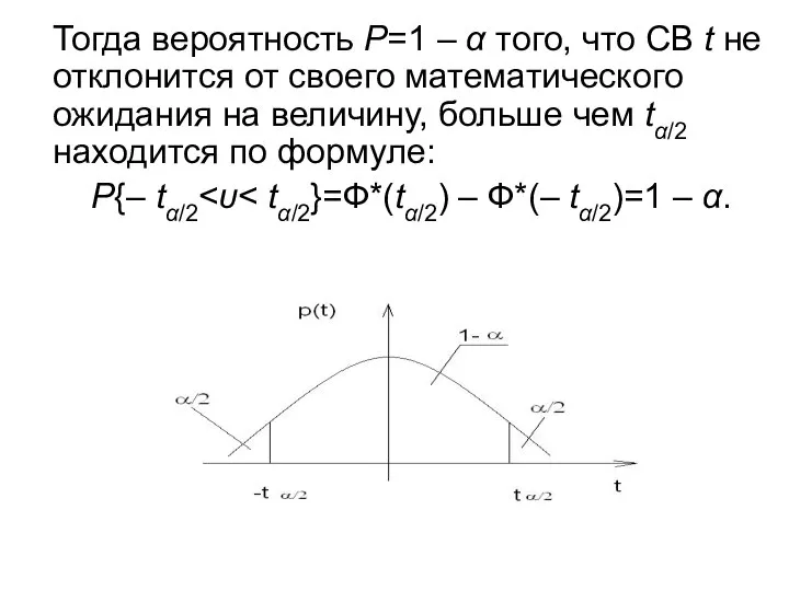 Тогда вероятность Р=1 – α того, что СВ t не отклонится