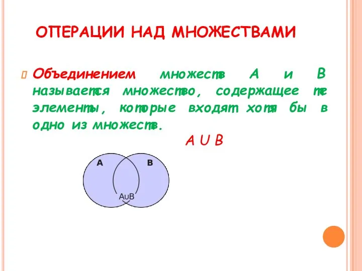 ОПЕРАЦИИ НАД МНОЖЕСТВАМИ Объединением множеств А и В называется множество, содержащее