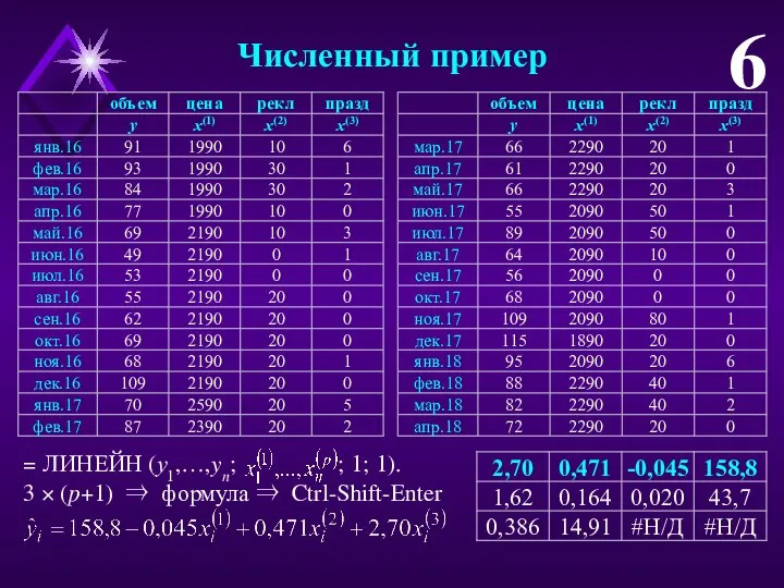 Численный пример 6 = ЛИНЕЙН (у1,…,yn; ; 1; 1). 3 × (p+1) ⇒ формула ⇒ Ctrl-Shift-Enter