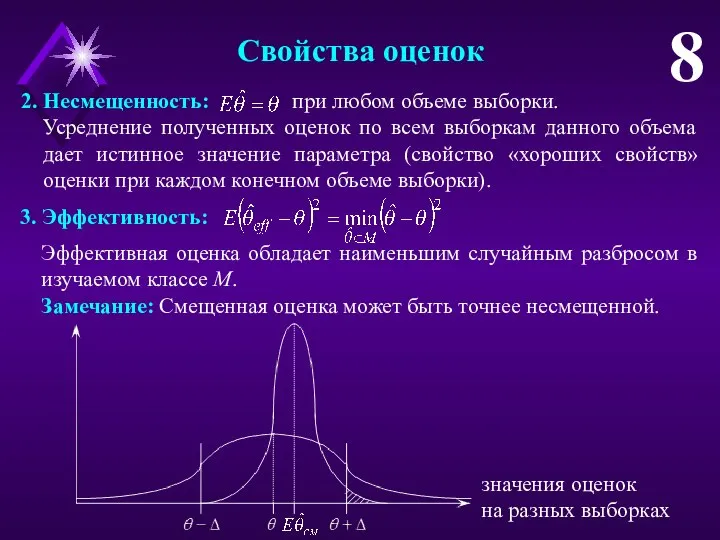 Свойства оценок 8 2. Несмещенность: при любом объеме выборки. Усреднение полученных