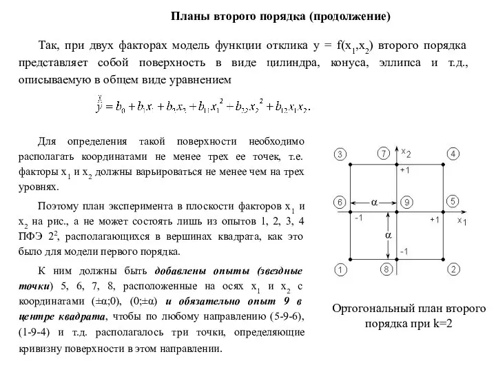 Так, при двух факторах модель функции отклика y = f(x1,x2) второго