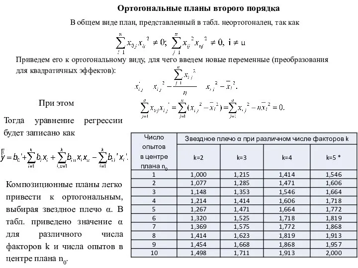 Ортогональные планы второго порядка В общем виде план, представленный в табл.