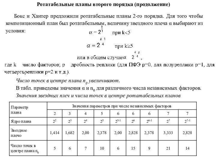 Бокс и Хантер предложили ротатабельные планы 2-го порядка. Для того чтобы