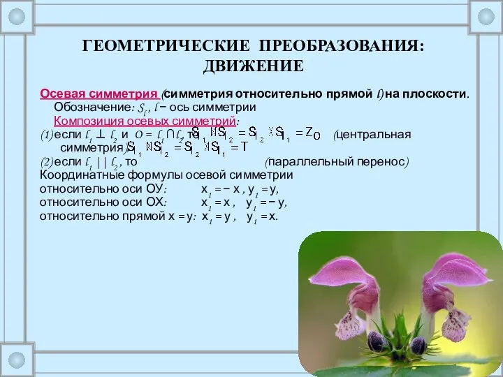 Осевая симметрия (симметрия относительно прямой l) на плоскости. Обозначение: Sl ,