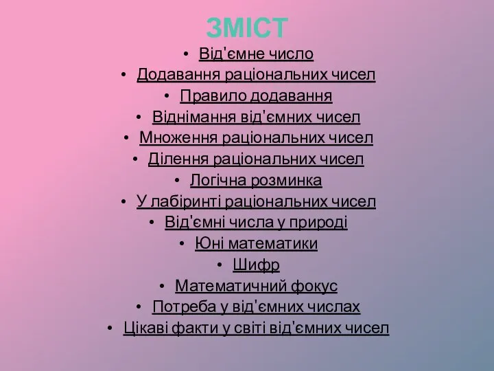 ЗМІСТ Від'ємне число Додавання раціональних чисел Правило додавання Віднімання від'ємних чисел