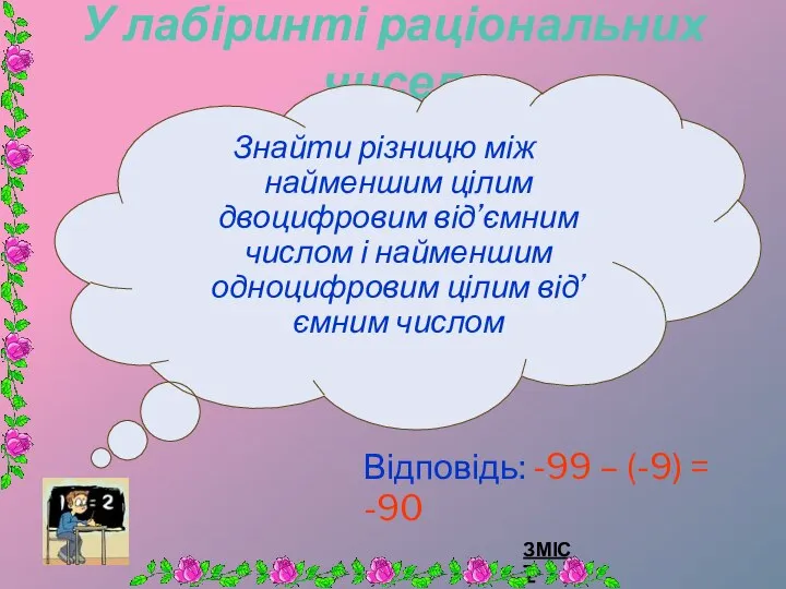 У лабіринті раціональних чисел Знайти різницю між найменшим цілим двоцифровим від’ємним