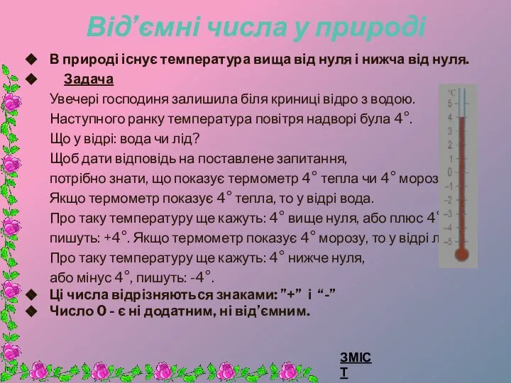 Від’ємні числа у природі В природі існує температура вища від нуля