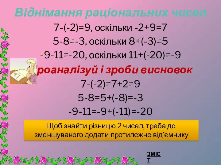 Віднімання раціональних чисел 7-(-2)=9, оскільки -2+9=7 5-8=-3, оскільки 8+(-3)=5 -9-11=-20, оскільки