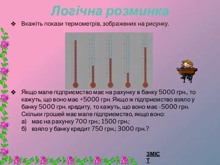 Логічна розминка Вкажіть покази термометрів, зображених на рисунку. Якщо мале підприємство