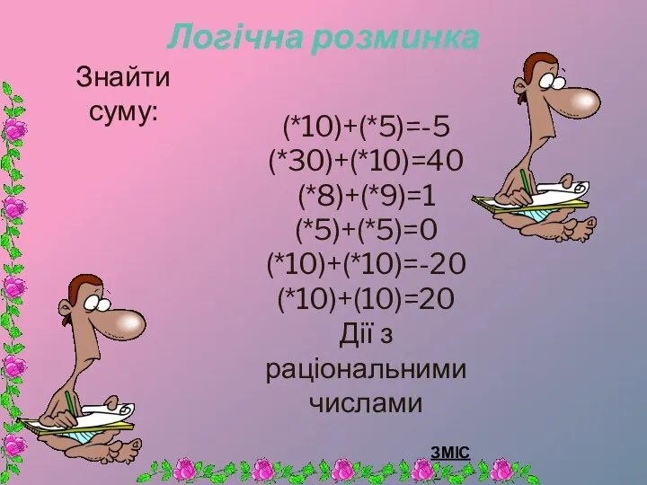 Логічна розминка Знайти суму: (*10)+(*5)=-5 (*30)+(*10)=40 (*8)+(*9)=1 (*5)+(*5)=0 (*10)+(*10)=-20 (*10)+(10)=20 Дії з раціональними числами ЗМІСТ