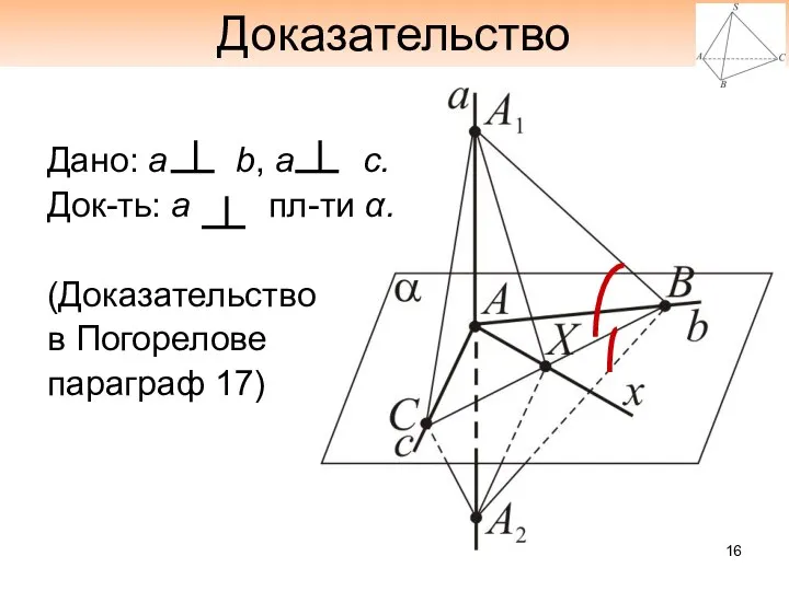 Доказательство Дано: а b, а c. Док-ть: а пл-ти α. (Доказательство в Погорелове параграф 17)