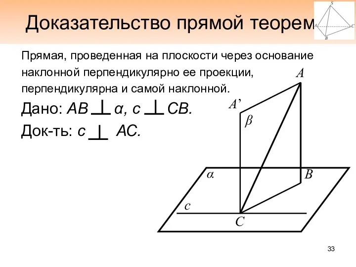 Доказательство прямой теоремы Прямая, проведенная на плоскости через основание наклонной перпендикулярно