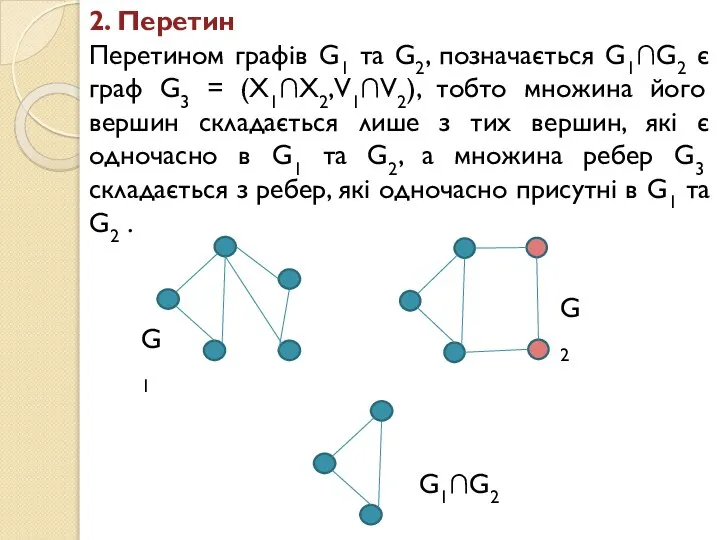 2. Перетин Перетином графів G1 та G2, позначається G1∩G2 є граф