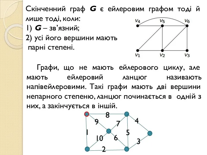 Скінченний граф G є ейлеровим графом тоді й лише тоді, коли: