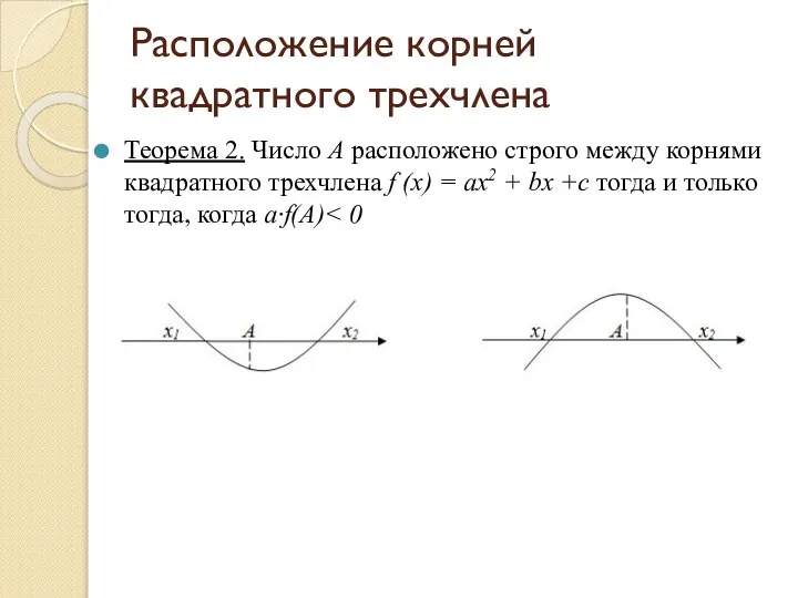 Расположение корней квадратного трехчлена Теорема 2. Число A расположено строго между