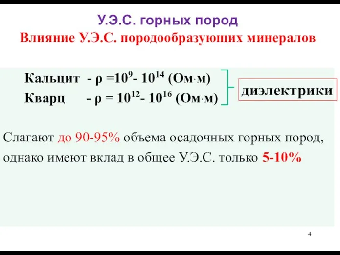 У.Э.С. горных пород Влияние У.Э.С. породообразующих минералов Кальцит - ρ =109-