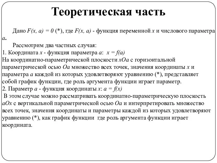 Теоретическая часть Дано F(х, а) = 0 (*), где F(х, а)