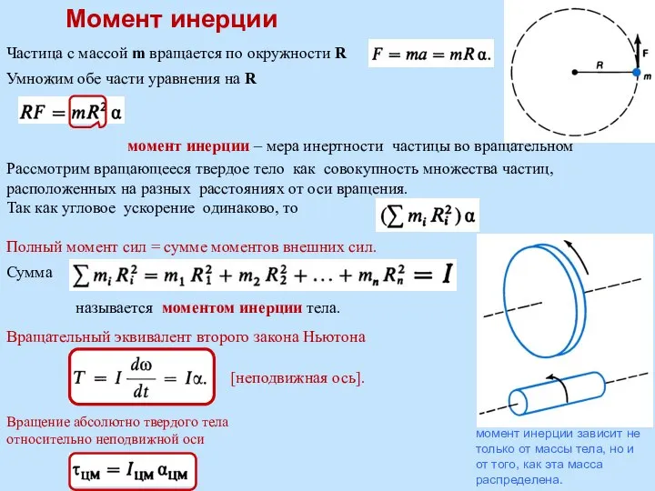 Момент инерции Вращательный эквивалент второго закона Ньютона Частица с массой m