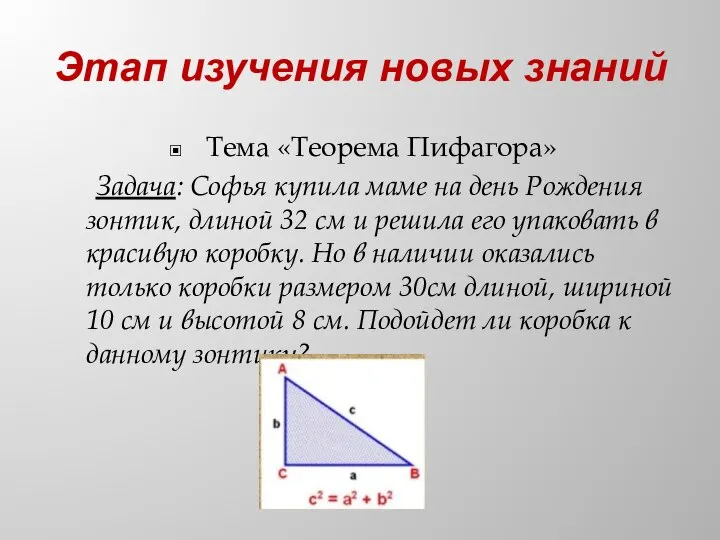 Этап изучения новых знаний Тема «Теорема Пифагора» Задача: Софья купила маме