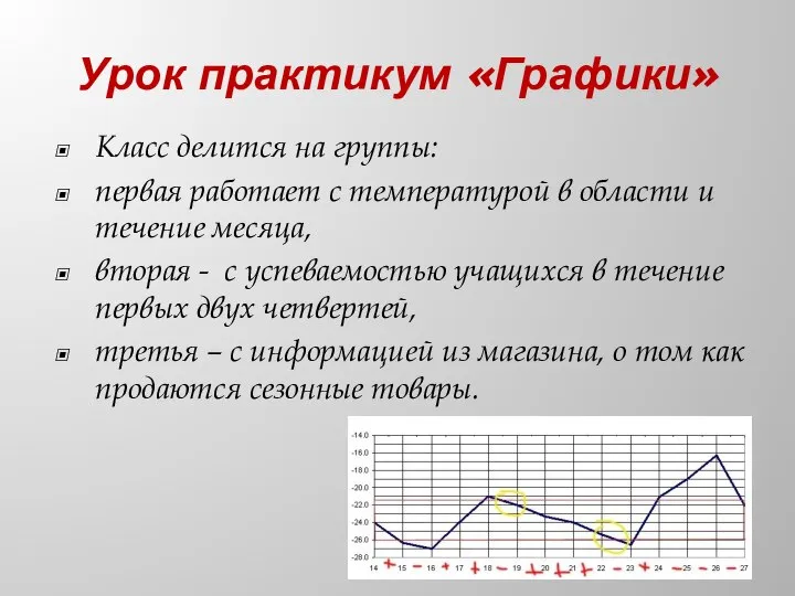 Урок практикум «Графики» Класс делится на группы: первая работает с температурой