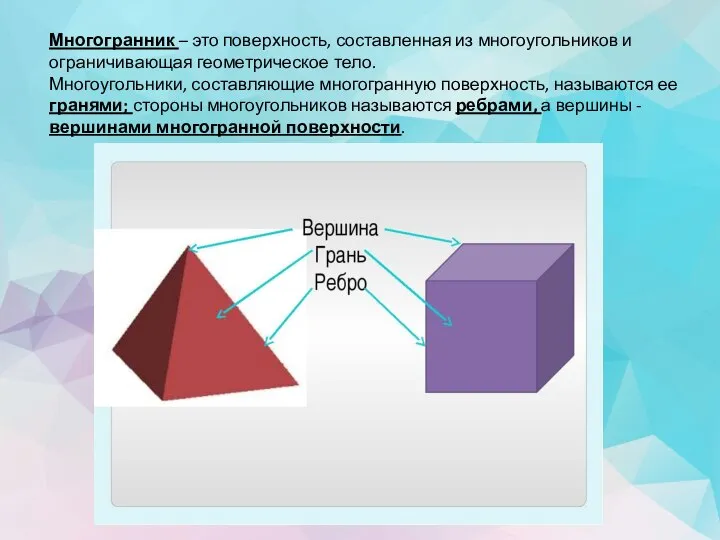 Многогранник – это поверхность, составленная из многоугольников и ограничивающая геометрическое тело.