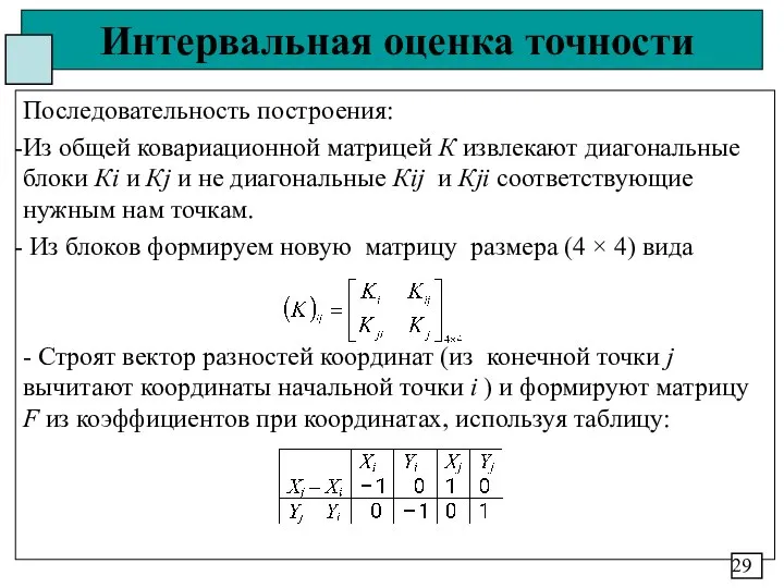 Интервальная оценка точности Последовательность построения: Из общей ковариационной матрицей К извлекают