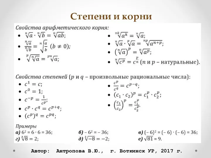 Степени и корни Автор: Антропова В.Ю., г. Воткинск УР, 2017 г.