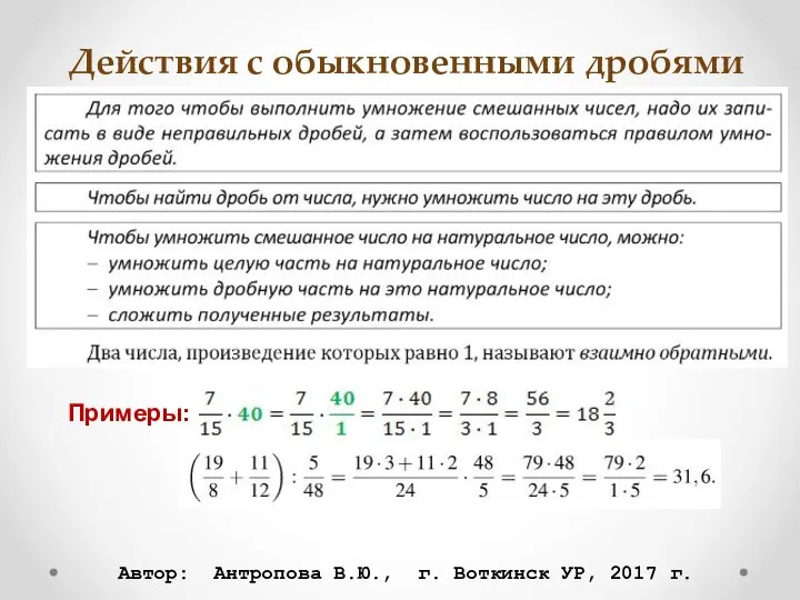 Действия с обыкновенными дробями Примеры: Автор: Антропова В.Ю., г. Воткинск УР, 2017 г.