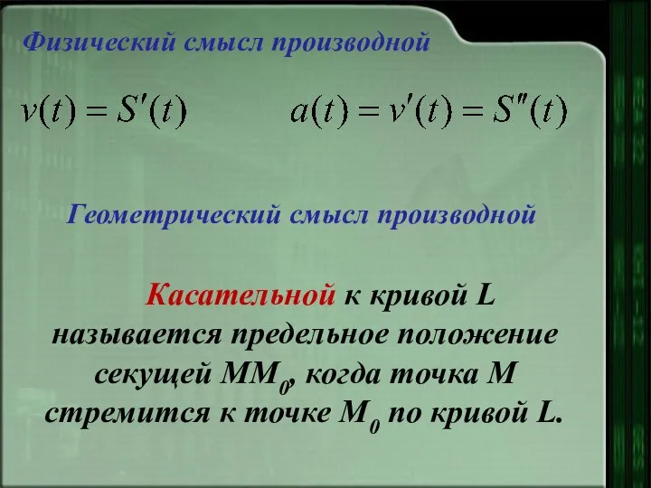 Физический смысл производной Касательной к кривой L называется предельное положение секущей