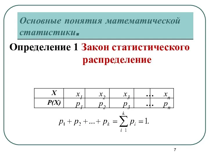 Основные понятия математической статистики. Определение 1 Закон статистического распределение