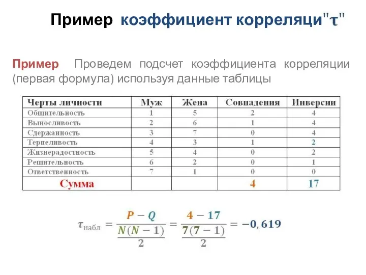 Пример коэффициент корреляции Пример Проведем подсчет коэффициента корреляции (первая формула) используя данные таблицы