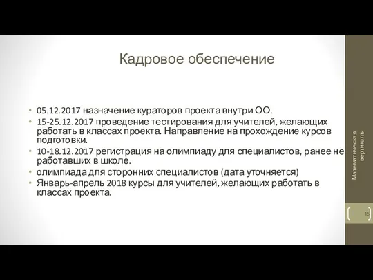 Кадровое обеспечение 05.12.2017 назначение кураторов проекта внутри ОО. 15-25.12.2017 проведение тестирования