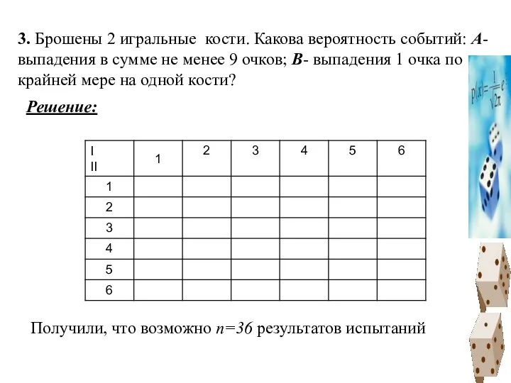 3. Брошены 2 игральные кости. Какова вероятность событий: А- выпадения в