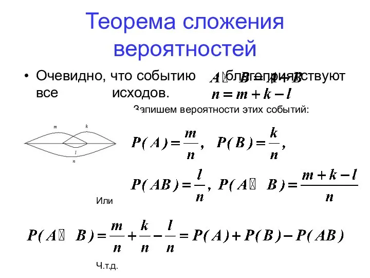 Очевидно, что событию благоприятствуют все исходов. Запишем вероятности этих событий: Или Ч.т.д. Теорема сложения вероятностей