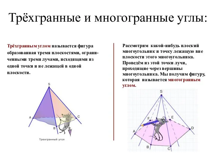 Трёхгранные и многогранные углы: Трёхгранным углом называется фигура образованная тремя плоскостями,
