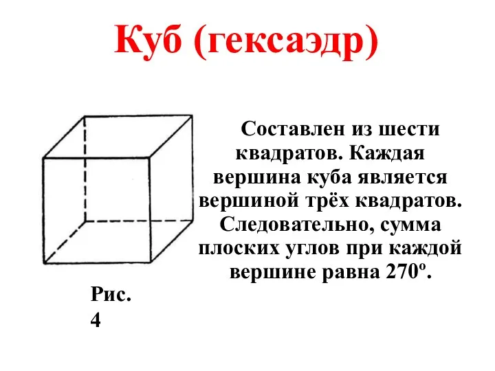 Составлен из шести квадратов. Каждая вершина куба является вершиной трёх квадратов.