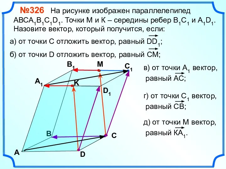 №326 На рисунке изображен параллелепипед АВСA1B1C1D1. Точки М и К –