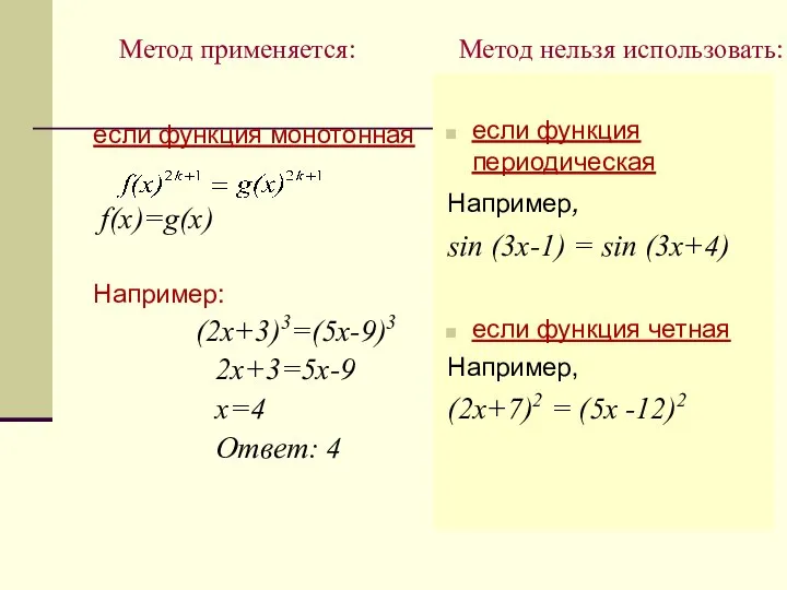 Метод применяется: Метод нельзя использовать: если функция монотонная f(x)=g(x) Например: (2x+3)3=(5x-9)3