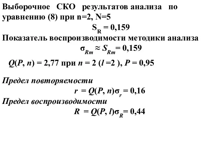 Выборочное СКО результатов анализа по уравнению (8) при n=2, N=5 SR