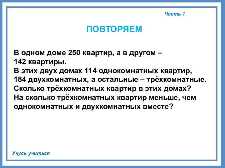 Часть 1 Учусь учиться ПОВТОРЯЕМ В одном доме 250 квартир, а