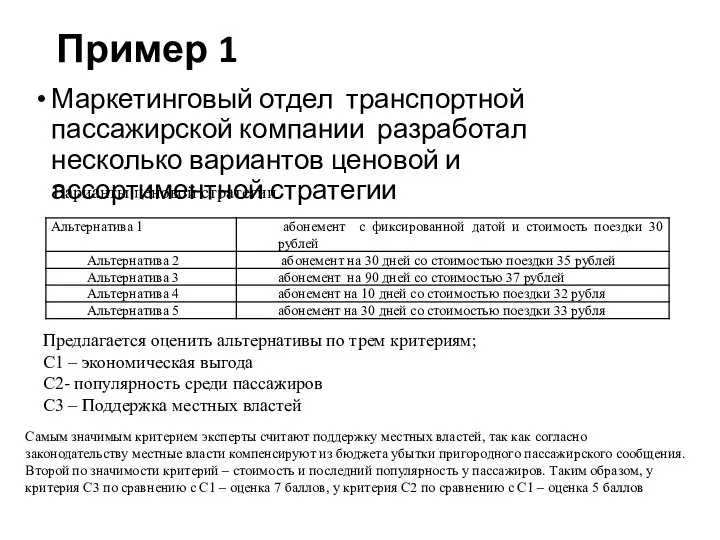 Пример 1 Маркетинговый отдел транспортной пассажирской компании разработал несколько вариантов ценовой