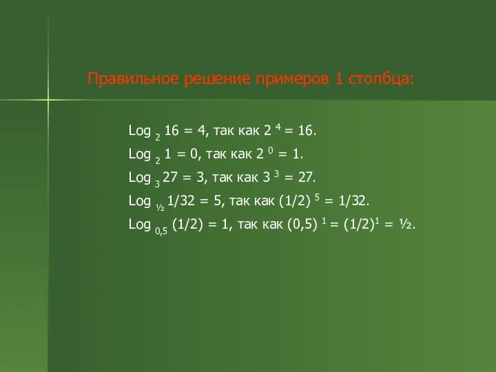 Правильное решение примеров 1 столбца: Log 2 16 = 4, так