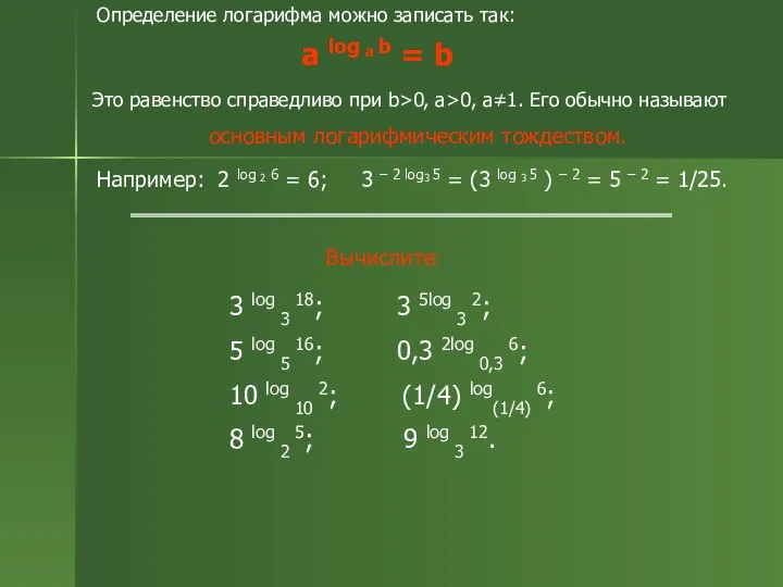 Определение логарифма можно записать так: a log a b = b