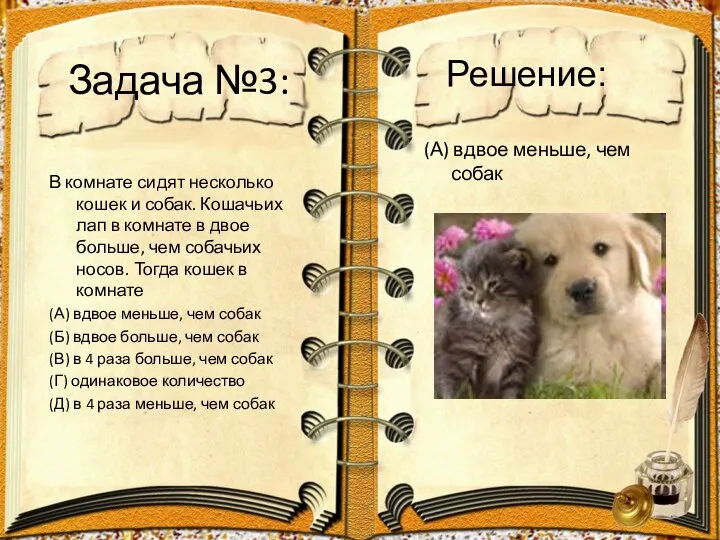 Задача №3: В комнате сидят несколько кошек и собак. Кошачьих лап