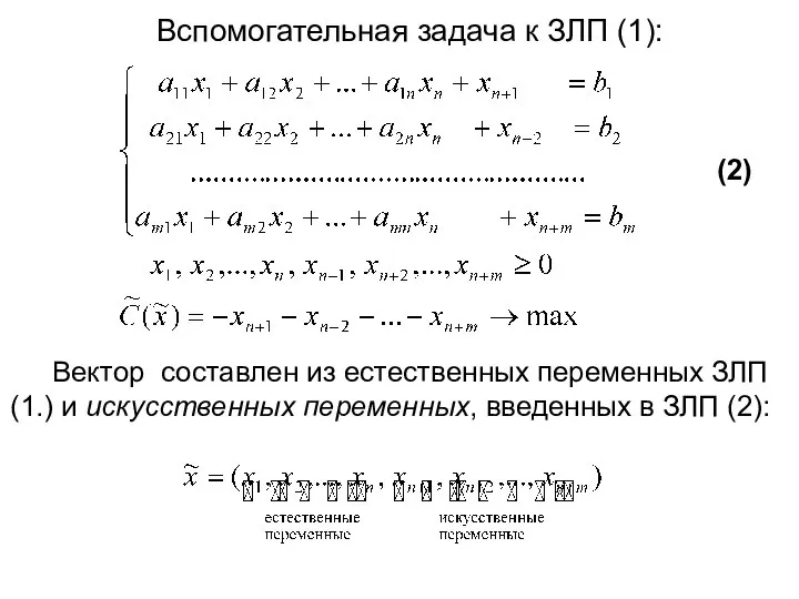 Вспомогательная задача к ЗЛП (1): (2) Вектор составлен из естественных переменных