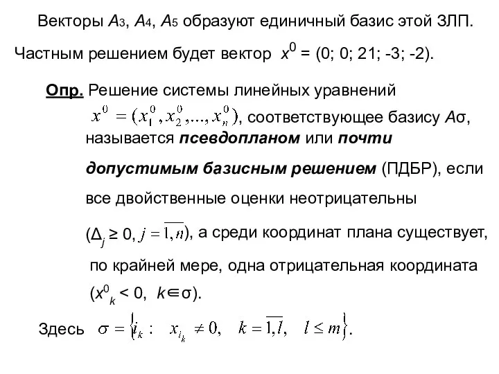 Векторы А3, А4, А5 образуют единичный базис этой ЗЛП. Частным решением