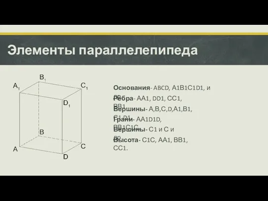 Элементы параллелепипеда Основания- ABCD, А1В1С1D1, и др. Рёбра- АА1, DD1, СС1,