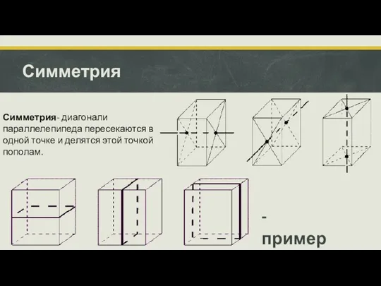 Симметрия Симметрия- диагонали параллелепипеда пересекаются в одной точке и делятся этой точкой пополам. - пример