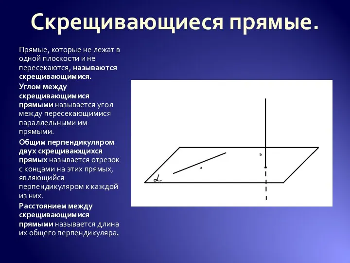 Скрещивающиеся прямые. Прямые, которые не лежат в одной плоскости и не