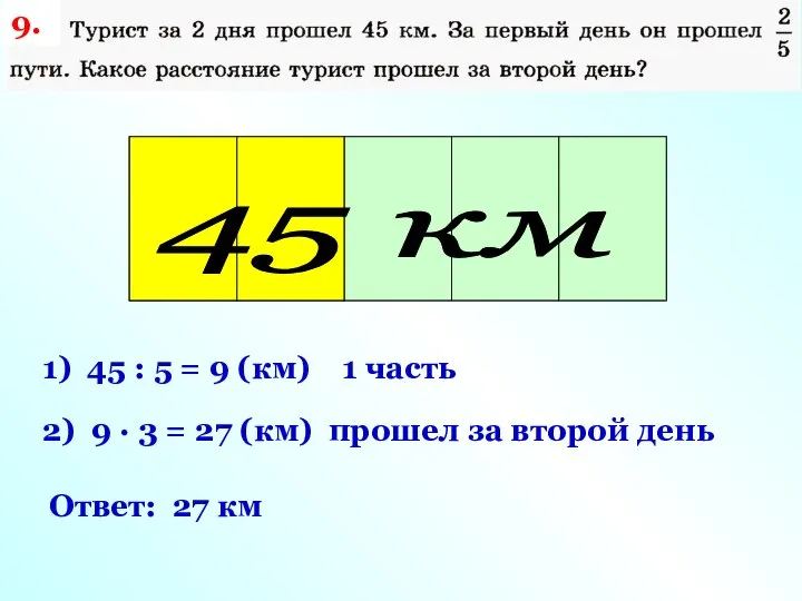 Весь путь 1) 45 : 5 = 9 (км) 1 часть